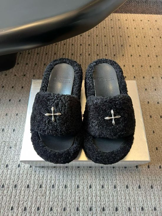 SMFK Fuzzy Open Toe Slippers with Cross Decor Non Slip Sole