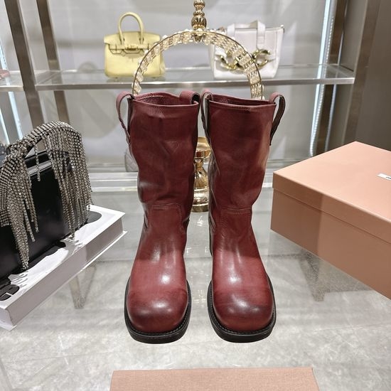 Miu Miu Vintage Distressed Leather Chunky Heel Ankle Boots Comfortable