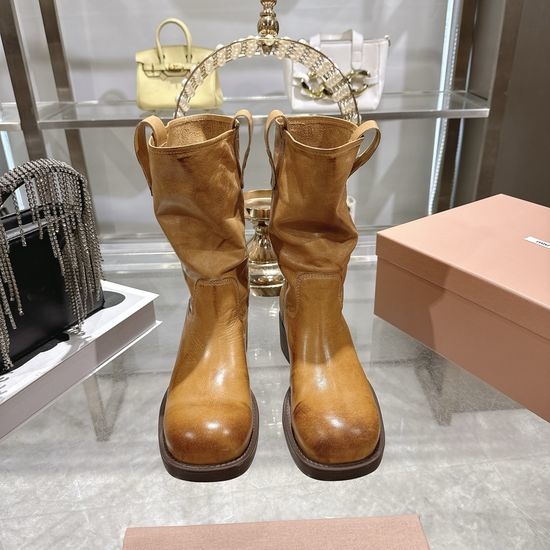 Miu Miu Vintage Distressed Leather Chunky Heel Ankle Boots Comfortable