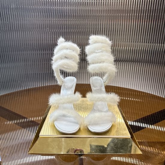 Rene Caovilla Mink Fur Crystal Embellished Leather Sole Heels