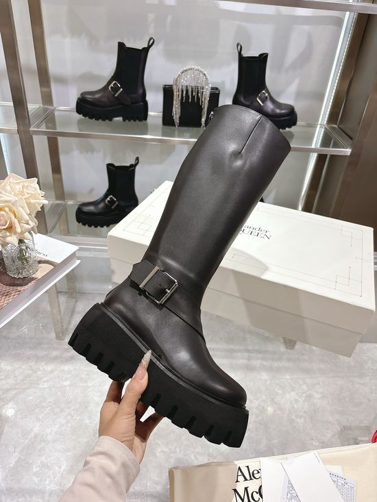 McQueen Elegant Leather Knee-high Boots with Side Buckle Detail