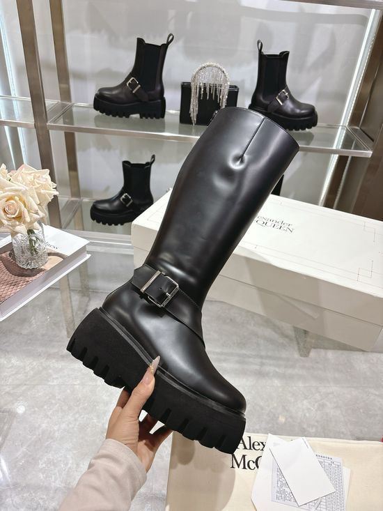 McQueen Elegant Leather Knee-high Boots with Side Buckle Detail