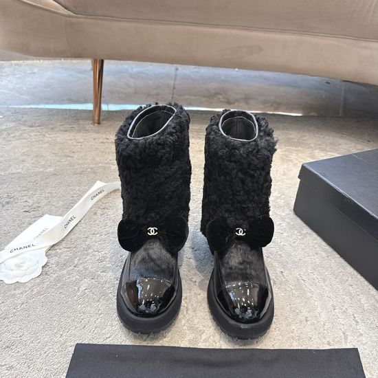 Chanel Bow Decor Lamb Wool Short Ankle Boots Non Slip Sole