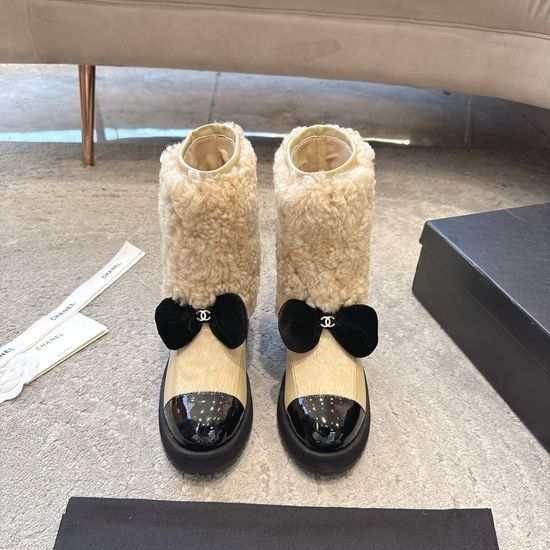 Chanel Bow Decor Lamb Wool Short Ankle Boots Non Slip Sole