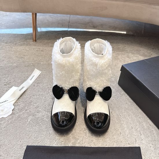 Chanel Bow Decor Lamb Wool Short Ankle Boots Non Slip Sole