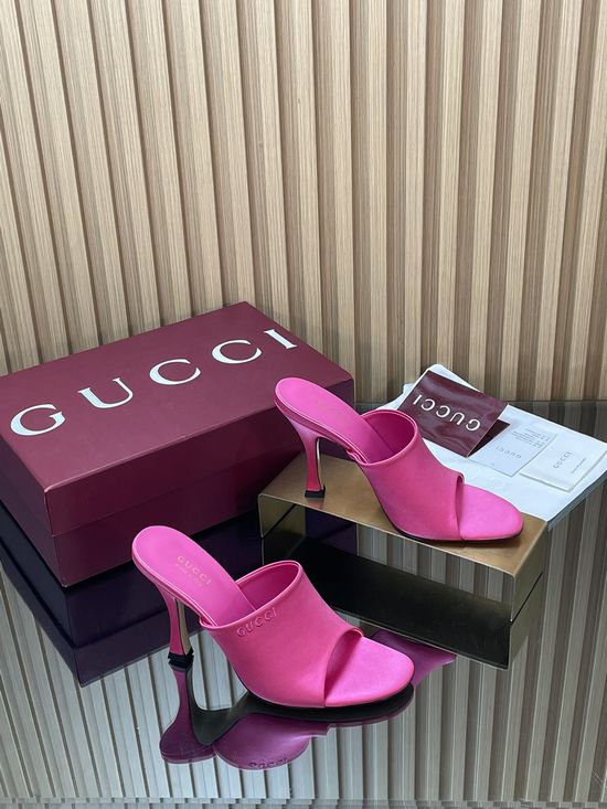 Gucci Elegant Satin High Heel Slide Sandals With Embroidery Details