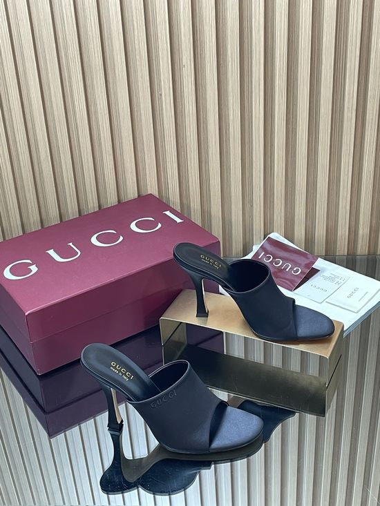 Gucci Elegant Satin High Heel Slide Sandals With Embroidery Details