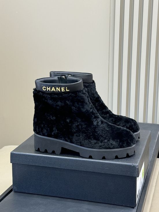 Chanel Warm Plush Short Boots With Leather Trim And Thick Sole