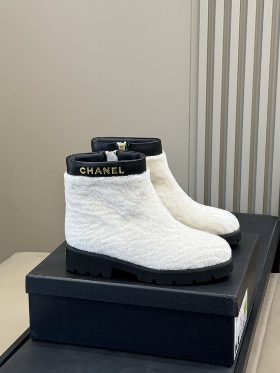 Chanel Warm Plush Short Boots With Leather Trim And Thick Sole