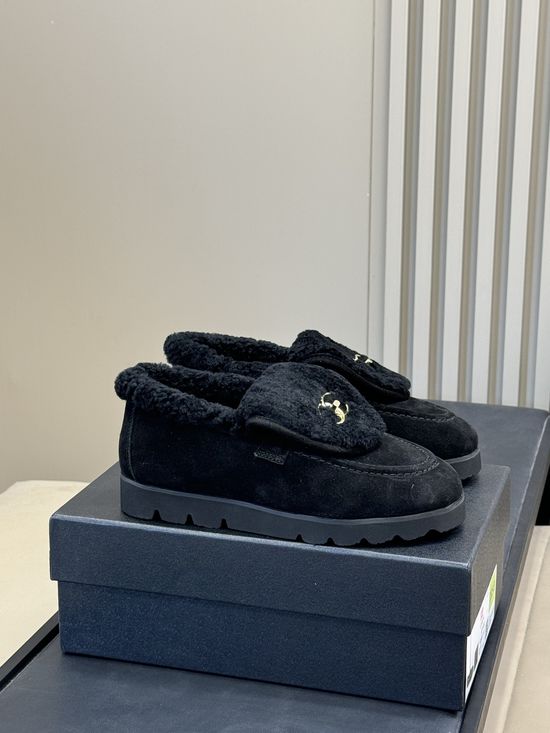 Chanel Fuzzy Loafers with Metal Decor Soft Warm Casual Shoes