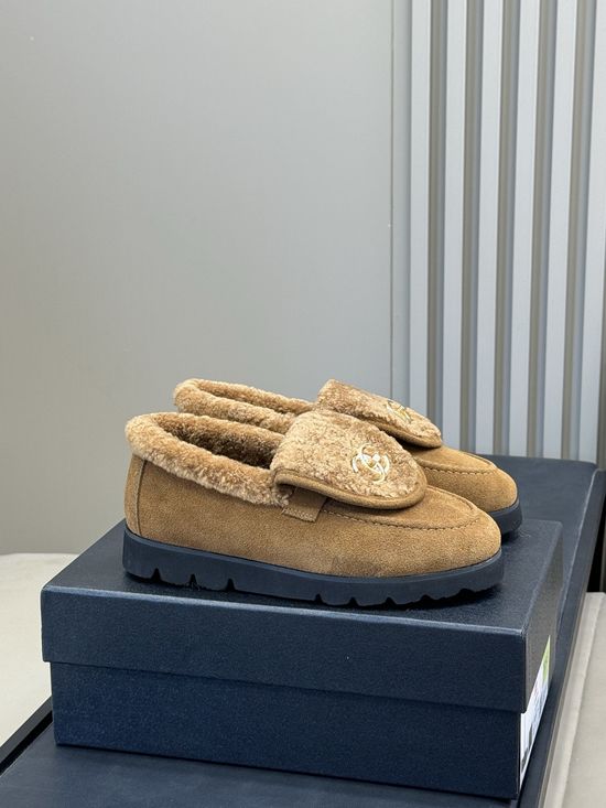 Chanel Fuzzy Loafers with Metal Decor Soft Warm Casual Shoes