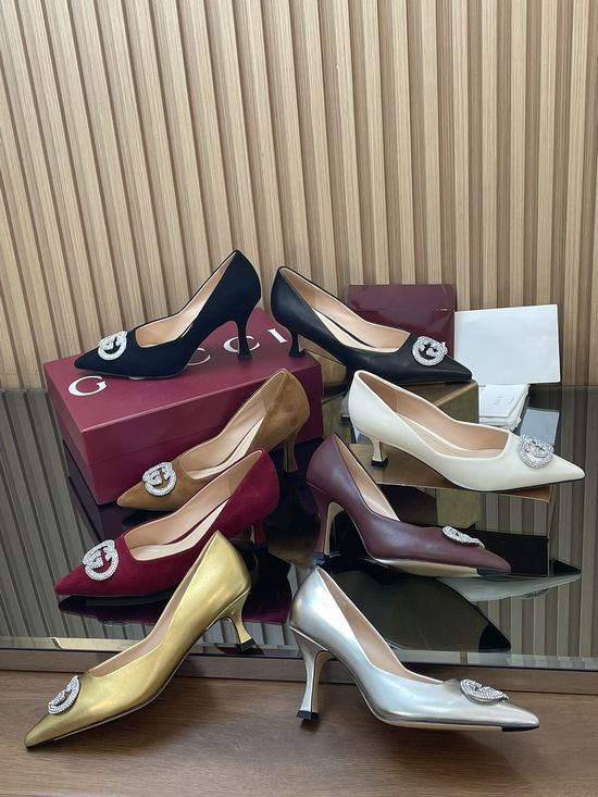 Gucci Crystal Buckle Mid Heel Stiletto Dress Pumps