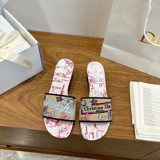 Christian Dior CD Silk Fabric Slip-on Sandals with CD Embroidery