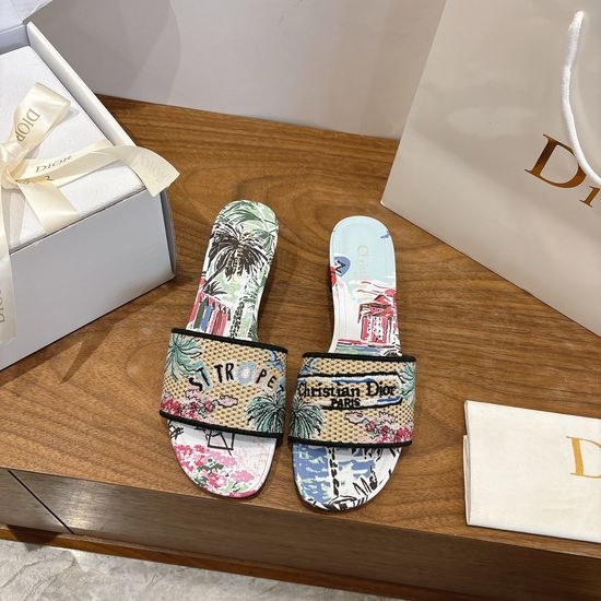 Christian Dior CD Silk Fabric Slip-on Sandals with CD Embroidery