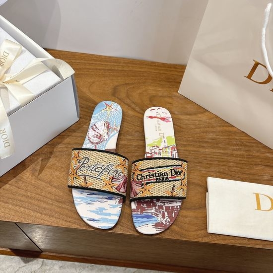 Christian Dior CD Silk Fabric Slip-on Sandals with CD Embroidery