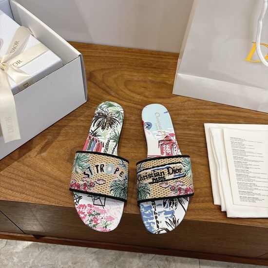 Christian Dior CD Silk Fabric Slip-on Sandals with CD Embroidery