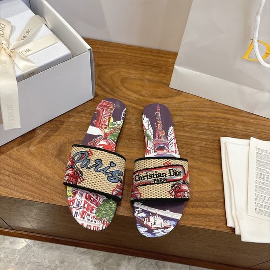 Christian Dior CD Silk Fabric Slip-on Sandals with CD Embroidery