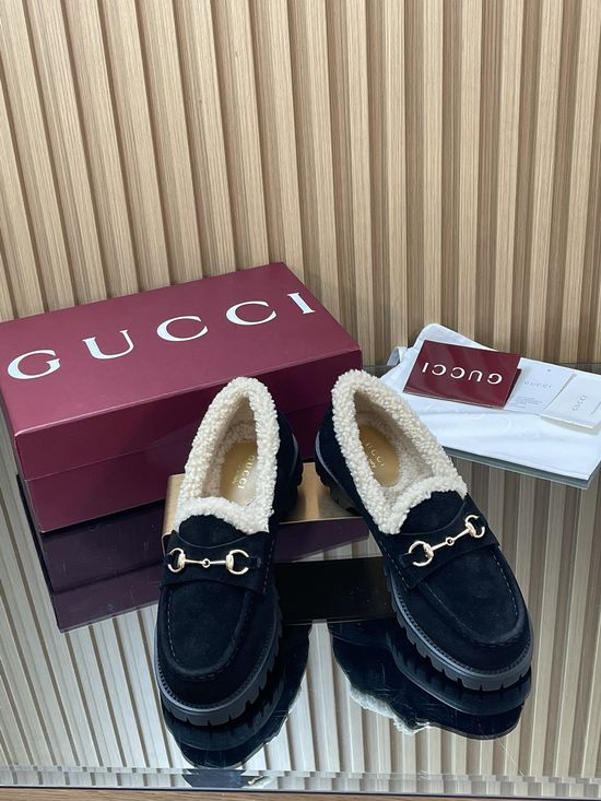 Gucci Faux Suede Fur Lined Loafers With Gold Horsebit Accent
