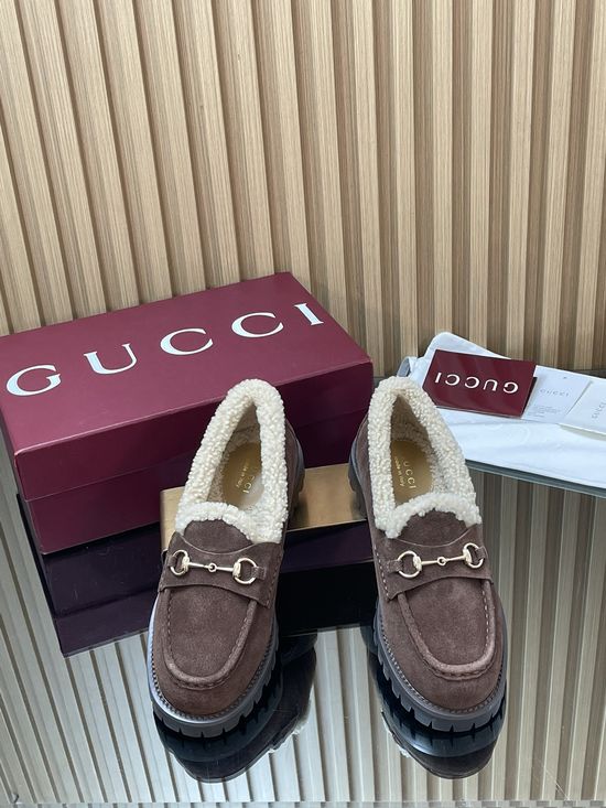 Gucci Faux Suede Fur Lined Loafers With Gold Horsebit Accent