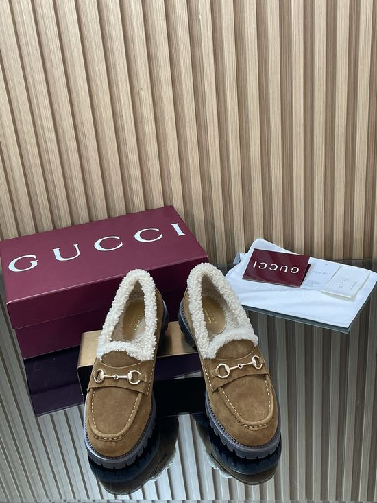 Gucci Faux Suede Fur Lined Loafers With Gold Horsebit Accent