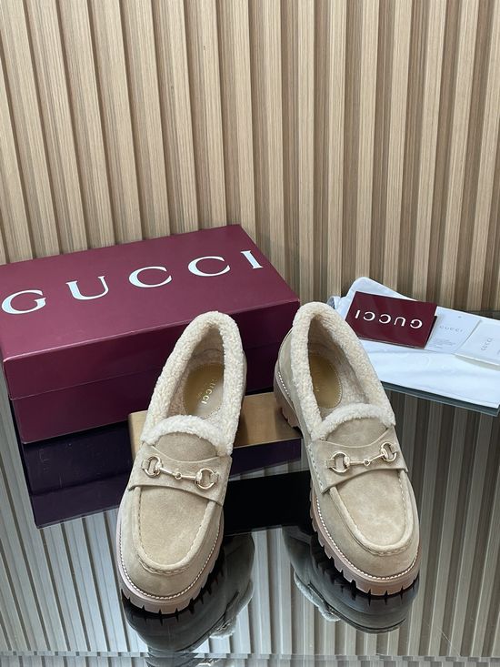 Gucci Faux Suede Fur Lined Loafers With Gold Horsebit Accent