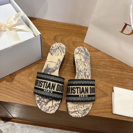 Christian Dior CD Silk Fabric Slip-on Sandals with CD Embroidery
