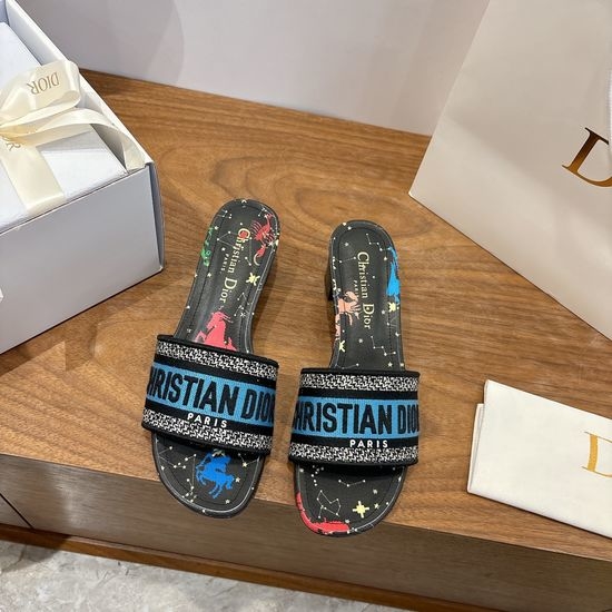 Christian Dior CD Silk Fabric Slip-on Sandals with CD Embroidery