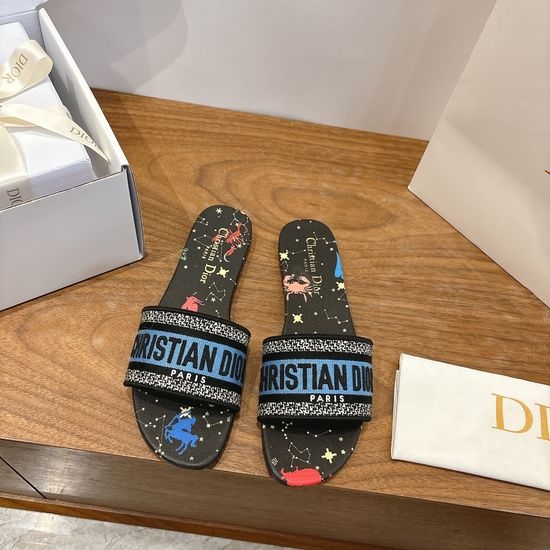 Christian Dior CD Silk Fabric Slip-on Sandals with CD Embroidery