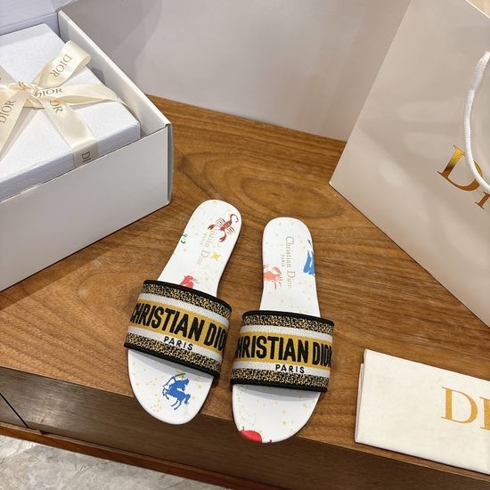 Christian Dior CD Silk Fabric Slip-on Sandals with CD Embroidery