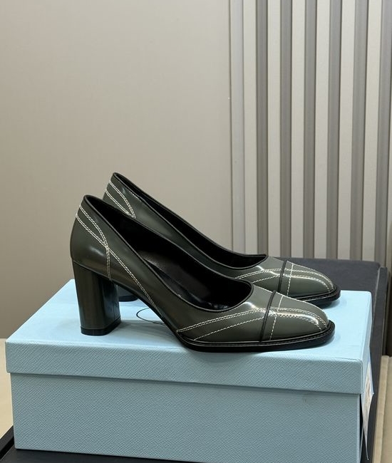 Prada Square Toe Chunky Heel Elegant Leather Pumps