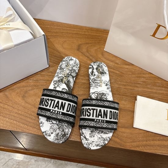 Christian Dior CD Silk Fabric Slip-on Sandals with CD Embroidery