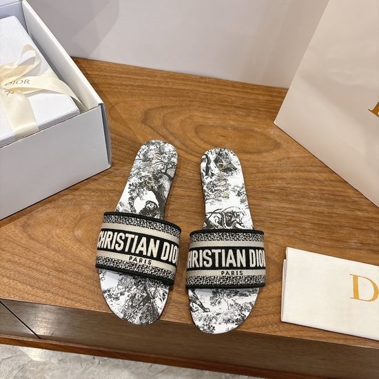 Christian Dior CD Silk Fabric Slip-on Sandals with CD Embroidery