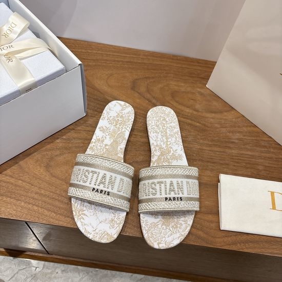 Christian Dior CD Silk Fabric Slip-on Sandals with CD Embroidery