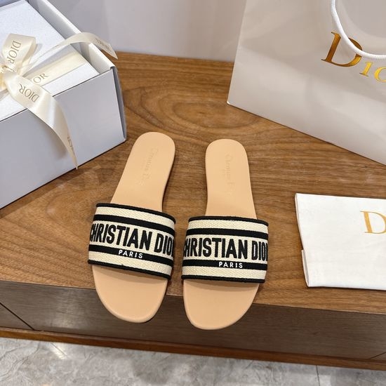Christian Dior CD Silk Fabric Slip-on Sandals with CD Embroidery