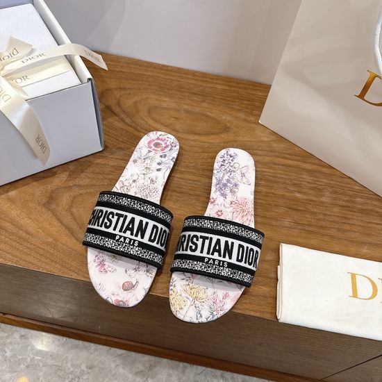 Christian Dior CD Silk Fabric Slip-on Sandals with CD Embroidery
