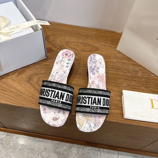 Christian Dior CD Silk Fabric Slip-on Sandals with CD Embroidery