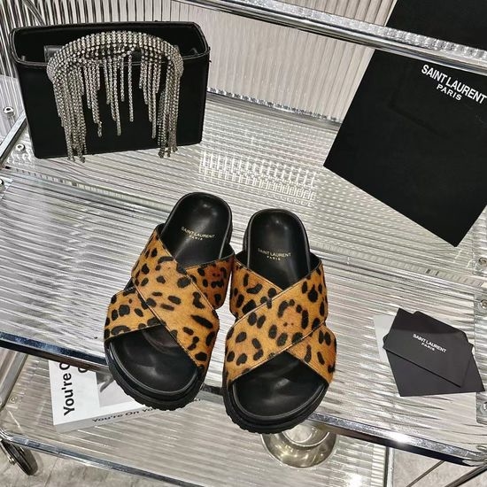 Yves Saint Laurent YSL Animal Print Horsehair Stylish Flat Slides
