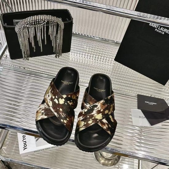 Yves Saint Laurent YSL Animal Print Horsehair Stylish Flat Slides