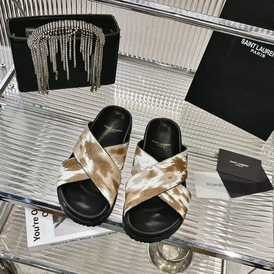 Yves Saint Laurent YSL Animal Print Horsehair Stylish Flat Slides