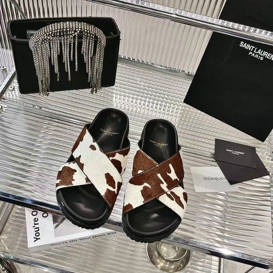 Yves Saint Laurent YSL Animal Print Horsehair Stylish Flat Slides