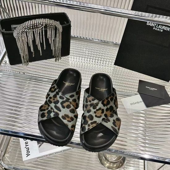 Yves Saint Laurent YSL Animal Print Horsehair Stylish Flat Slides