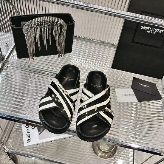 Yves Saint Laurent YSL Animal Print Horsehair Stylish Flat Slides