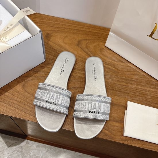 Christian Dior CD Silk Fabric Slip-on Sandals with CD Embroidery