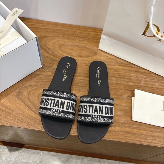 Christian Dior CD Silk Fabric Slip-on Sandals with CD Embroidery