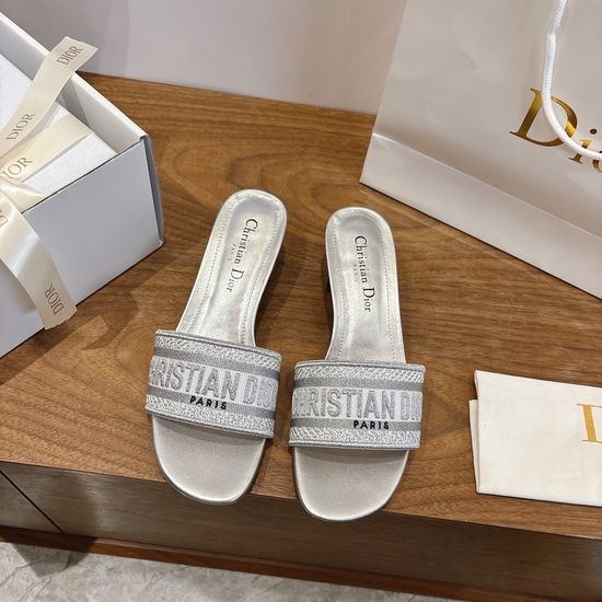 Christian Dior CD Silk Fabric Slip-on Sandals with CD Embroidery