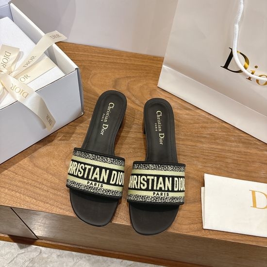 Christian Dior CD Silk Fabric Slip-on Sandals with CD Embroidery