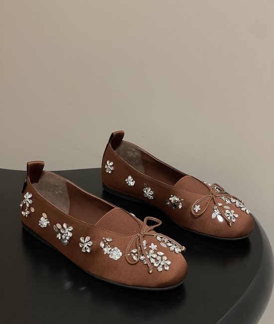 Miu Miu Bow Decor Satin Crystal Accent Ballet Flats