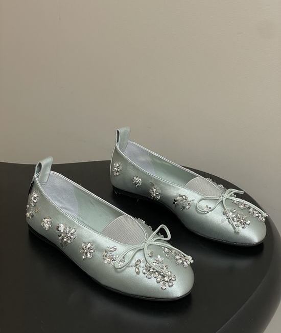Miu Miu Bow Decor Satin Crystal Accent Ballet Flats