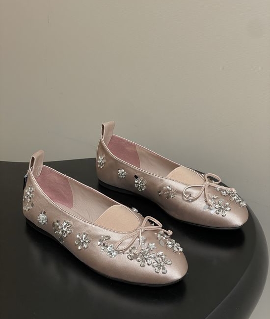 Miu Miu Bow Decor Satin Crystal Accent Ballet Flats