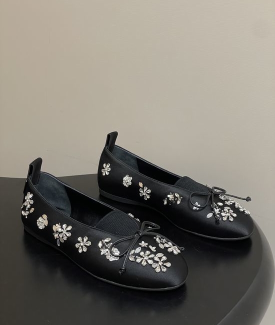 Miu Miu Bow Decor Satin Crystal Accent Ballet Flats